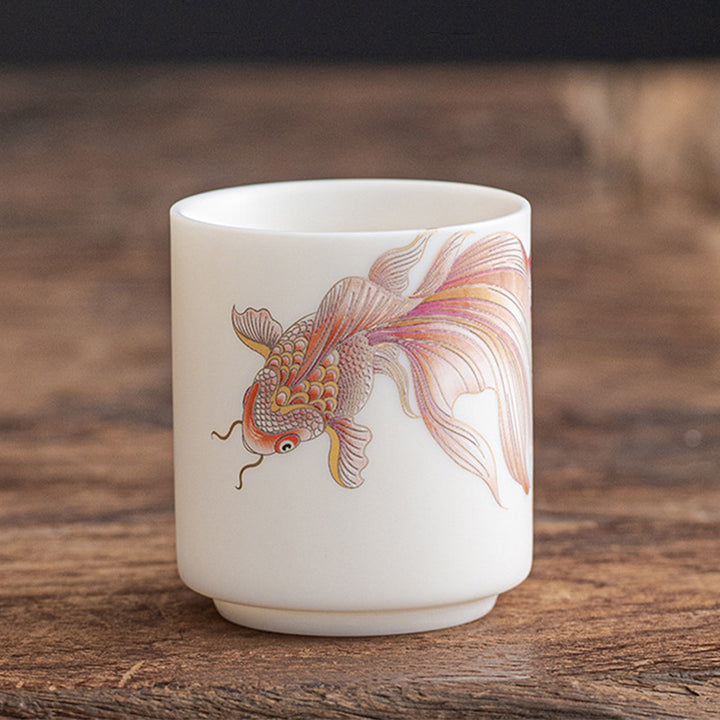 Taza de té de cerámica de porcelana blanca, pez Koi, Buddha Stones, taza de té de Kung Fu