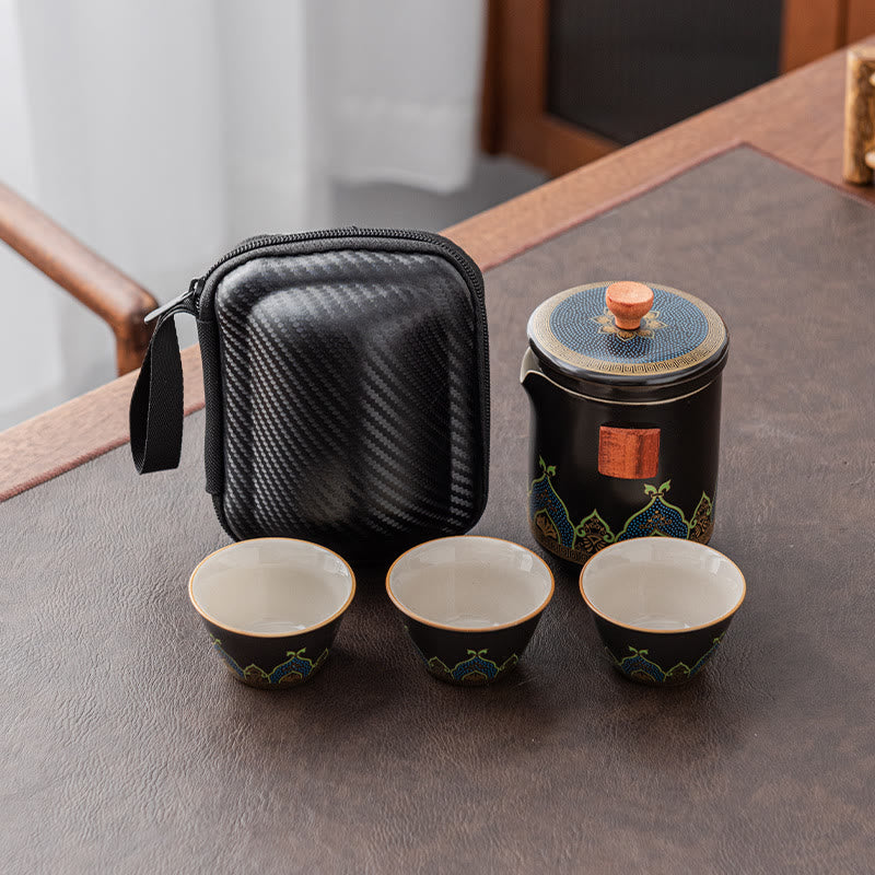 Tetera de cerámica de Gongfu chino con flores de Buddha Stones , bolsa portátil para juego de té de viaje al aire libre - Negro - 1 Tetera+3 Tazas+1 Bolsa - image 20