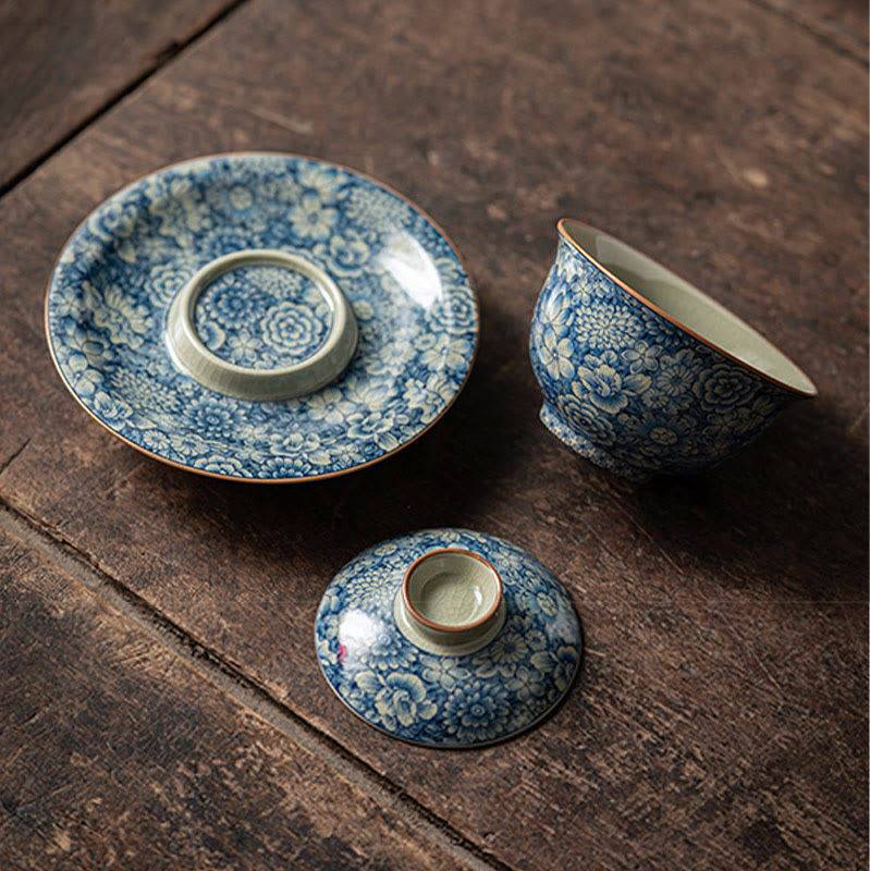 Buddha Stones azul y blanca vintage Flor de durazno Loto Peonía Cerámica Gaiwan Sancai Taza de té Kung Fu Taza de té y platillo con tapa