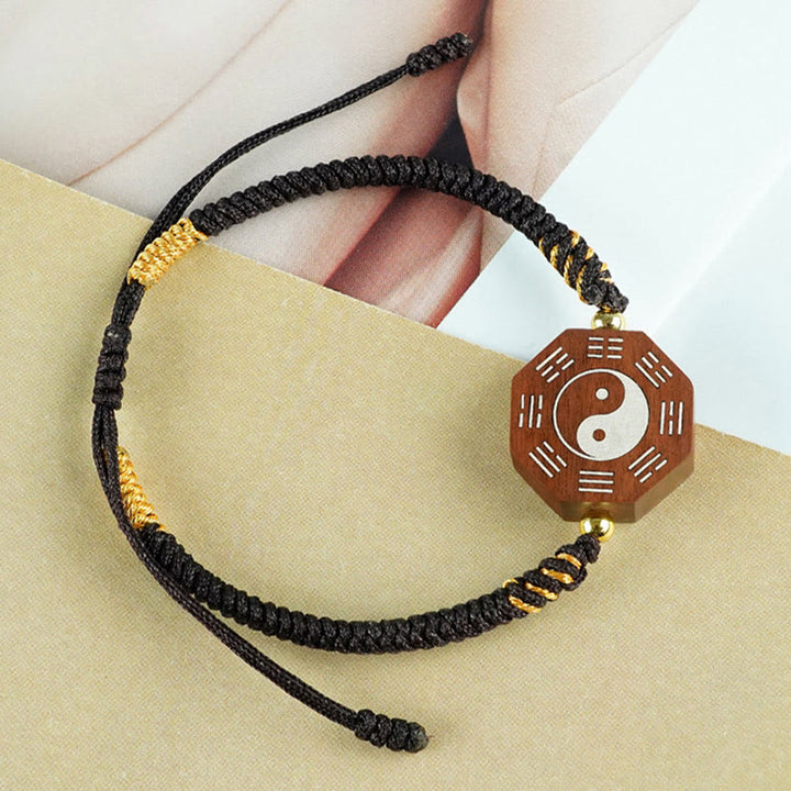 Buddha Stones hoja pequeña sándalo rojo madera de azufaifo madera de ébano plata con incrustaciones Yin Yang Bagua pulsera de protección de cazo grande