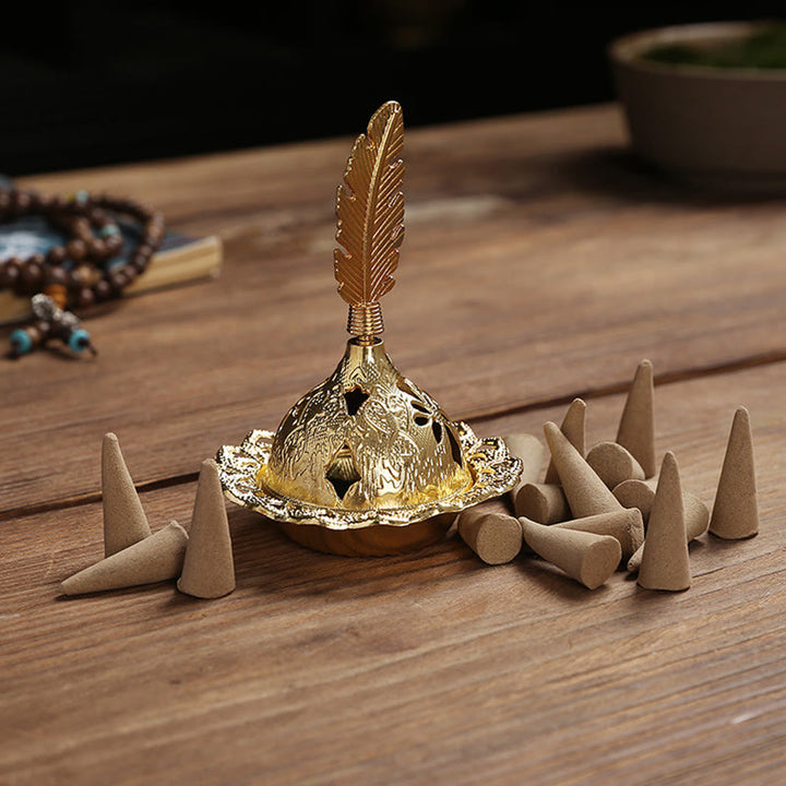 Quemador de incienso de Metal de aleación, Mini meditación espiritual, pluma de estrella de calabaza dorada