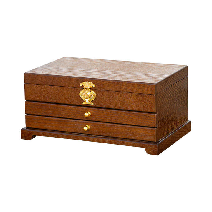 Caja de joyería de madera retro con Buddha Stones, caja de almacenamiento de joyas de tres capas