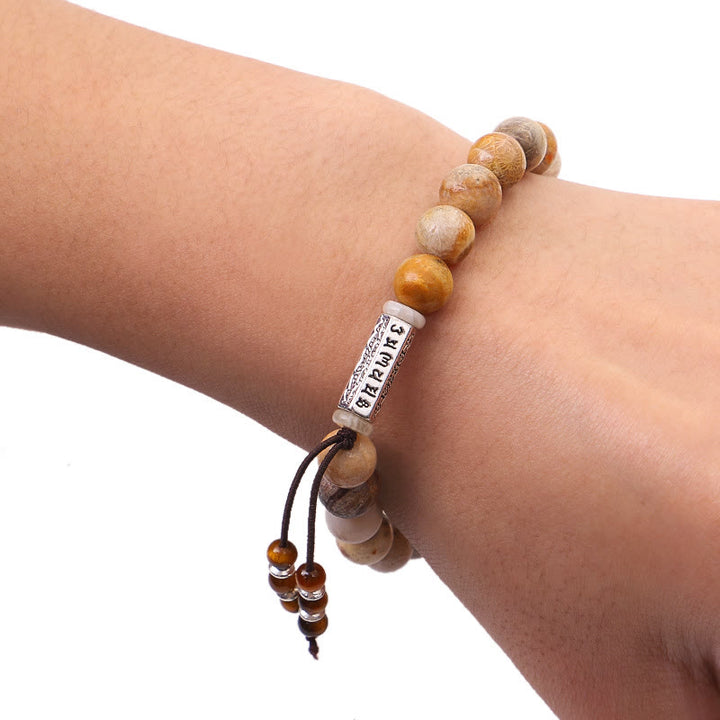 Pulsera fortalecida Om Mani Padme Hum de piedra desgastada