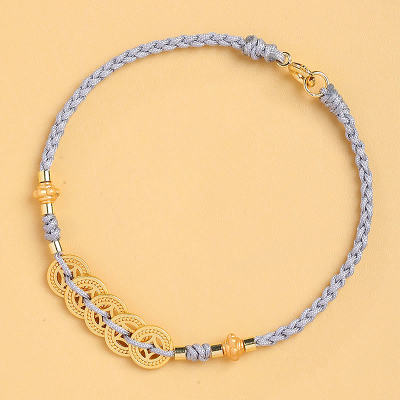 Pulsera trenzada de cuerda azul con Buddha Stones, moneda de cobre, árbol de la fortuna, perla, suerte