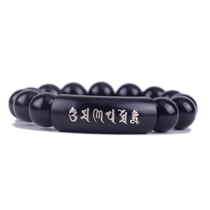 Pulsera de equilibrio con incrustaciones de Om Mani Padme Hum de madera de ébano de plata de ley 999 con Buddha Stones