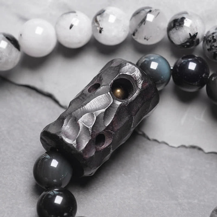 Pulsera de pareja de éxito de cristal blanco de madera de ébano de cuarzo rutilado negro