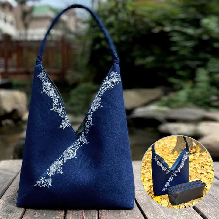 Conjunto de bolso de hombro de lona con patrón de bordado hecho a mano con Buddha Stones