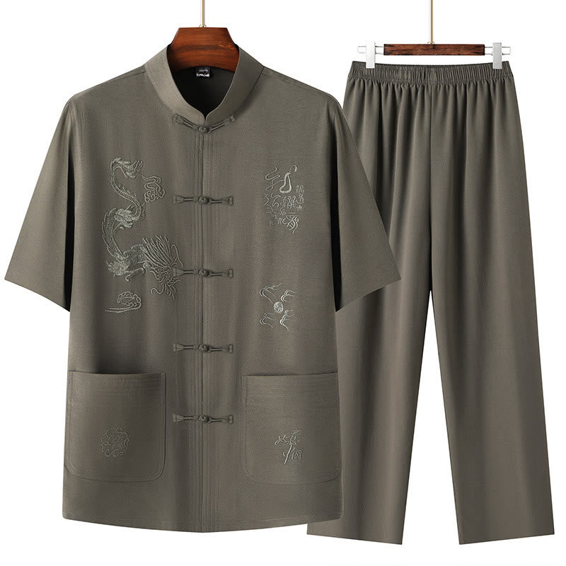 Traje Tang de Buddha Stones Hanfu dragón chino uniforme de kungfú tradicional camisetas y pantalones de manga corta conjunto de ropa para hombre
