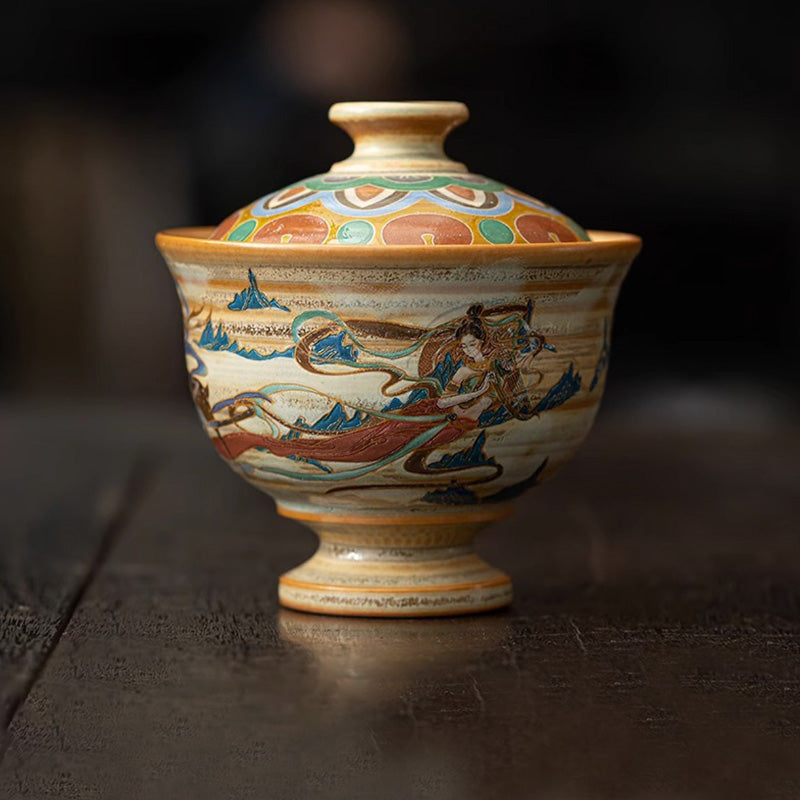 Taza de té de cerámica Gaiwan Sancai de Dunhuang Flying Apsaras con Buddha Stones, taza de té de Kung Fu con tapa