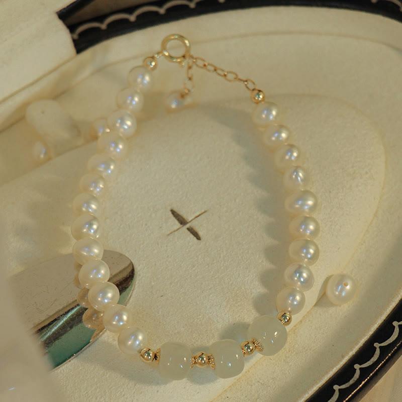 Pulsera de cadena de cuentas de sinceridad de jade blanco de jade cian hetiano con perlas naturales chapadas en oro de 14 quilates