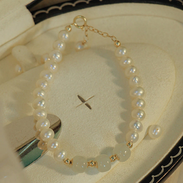 Pulsera de cadena de cuentas de sinceridad de jade blanco de jade cian hetiano con perlas naturales chapadas en oro de 14 quilates