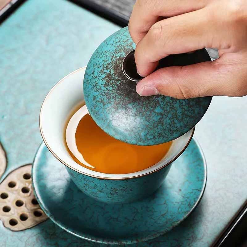 Taza de té y platillo con tapa, Gaiwan Sancai de cerámica verde, pino tradicional, Buddha Stones , Kung Fu