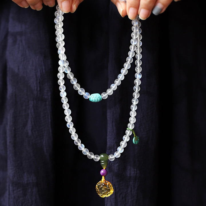 Buddha Stones 108 cuentas Mala piedra lunar ámbar loto turquesa pulsera curativa de cristal