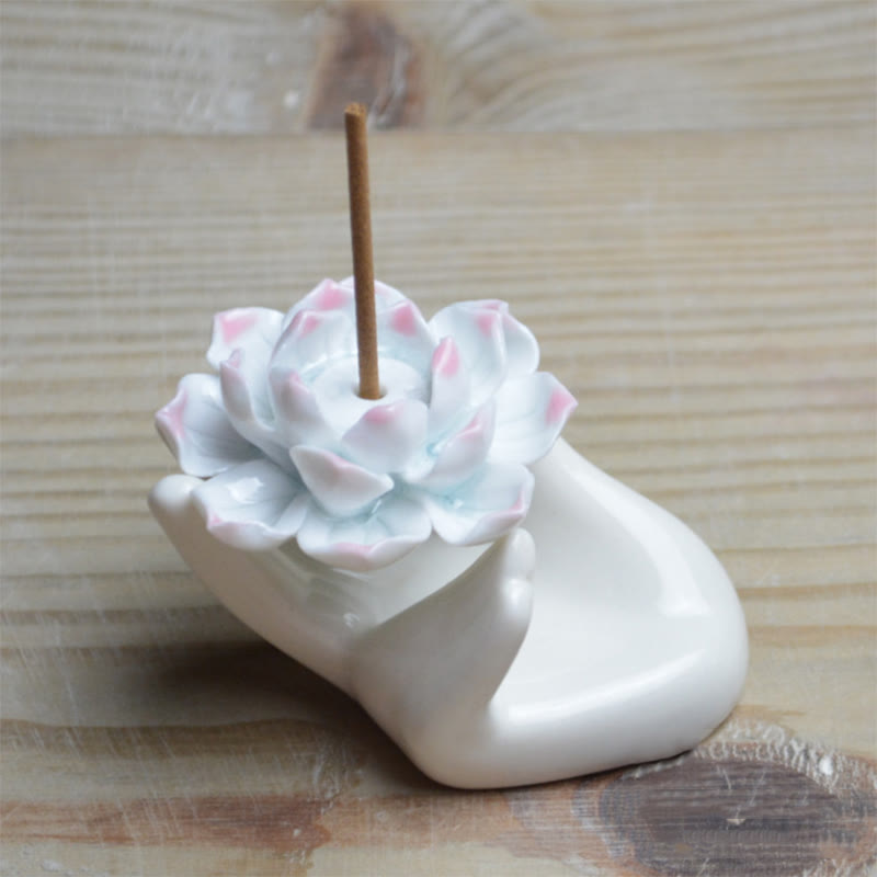 Quemador de incienso de meditación curativo a mano, pequeño loto de cerámica con Buddha Stones , decoración