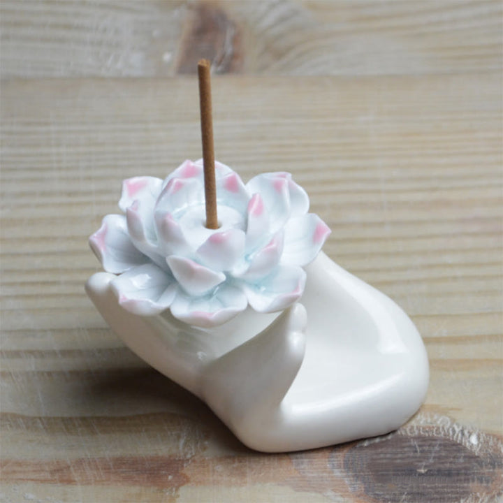 Quemador de incienso de meditación curativo a mano, pequeño loto de cerámica con Buddha Stones , decoración