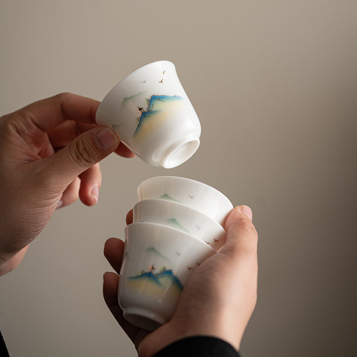 Taza de té de cerámica con Buddha Stones, flor de loto, hoja, montaña, pabellón, alce, peonía, taza de té de Kung Fu