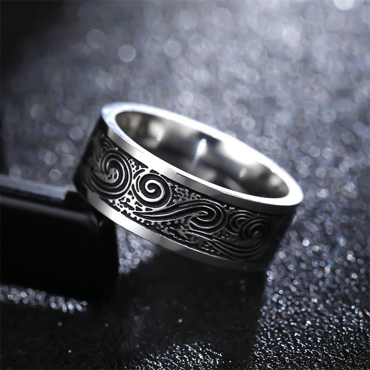 Anillo de equilibrio de acero de titanio con patrón grabado de nubes auspiciosas de onda vintage - image 1