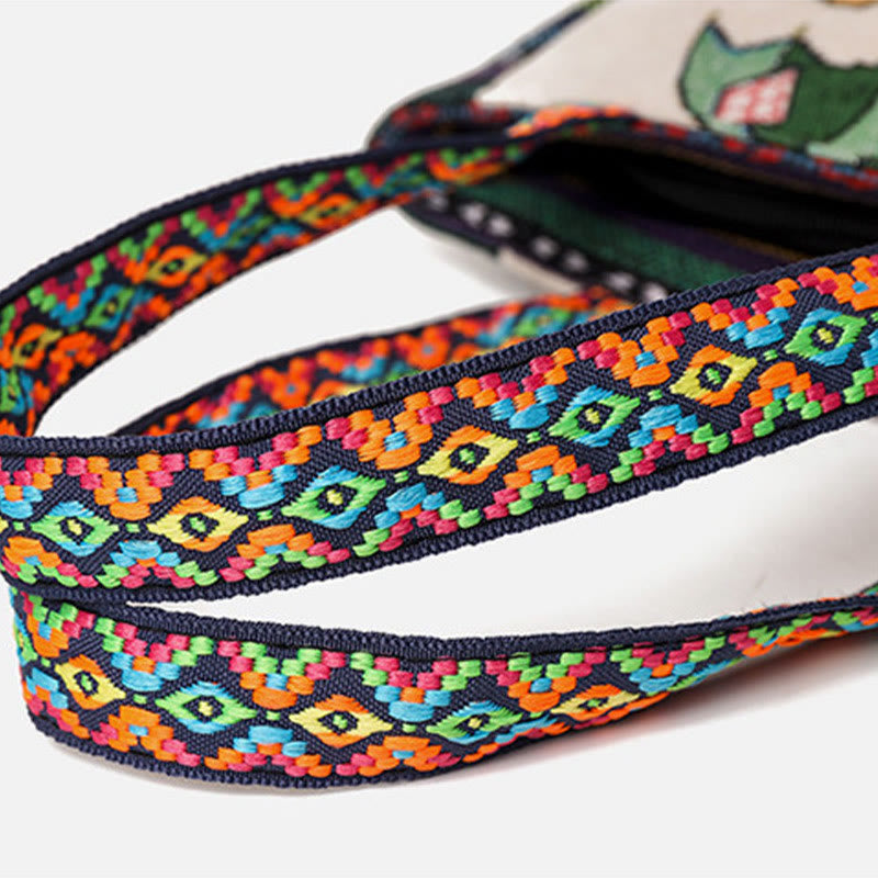 Bolso bandolera de lona de gran capacidad con bordado de mariposa y elefante