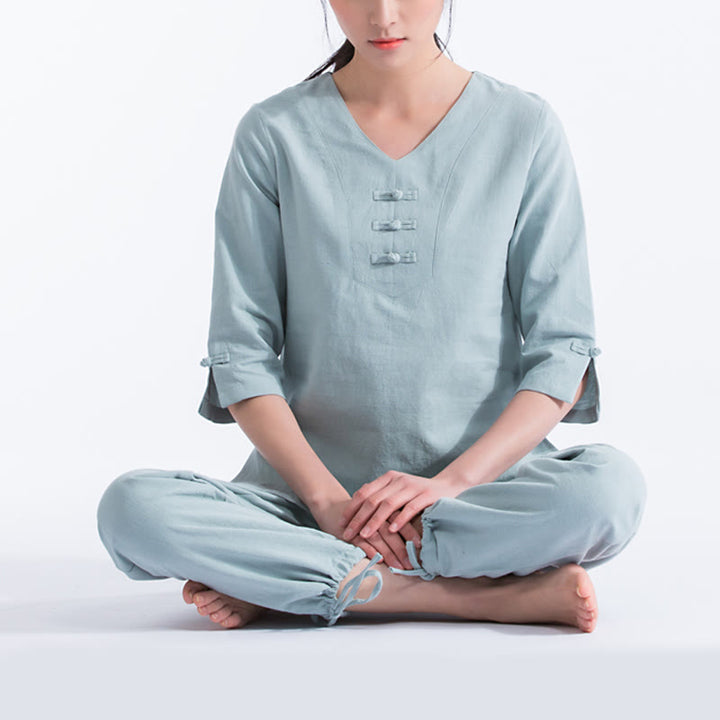 Conjunto de ropa de lino y algodón con diseño de cuello en V para mujer, uniforme de práctica Zen, Buddha Stones, Yoga, meditación y oración