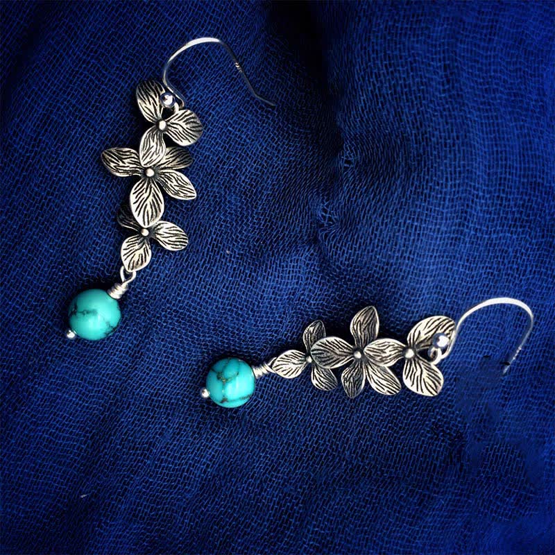 Pendientes colgantes de plata de ley 925 con forma de flor de lazurita turquesa y hoja de serenidad