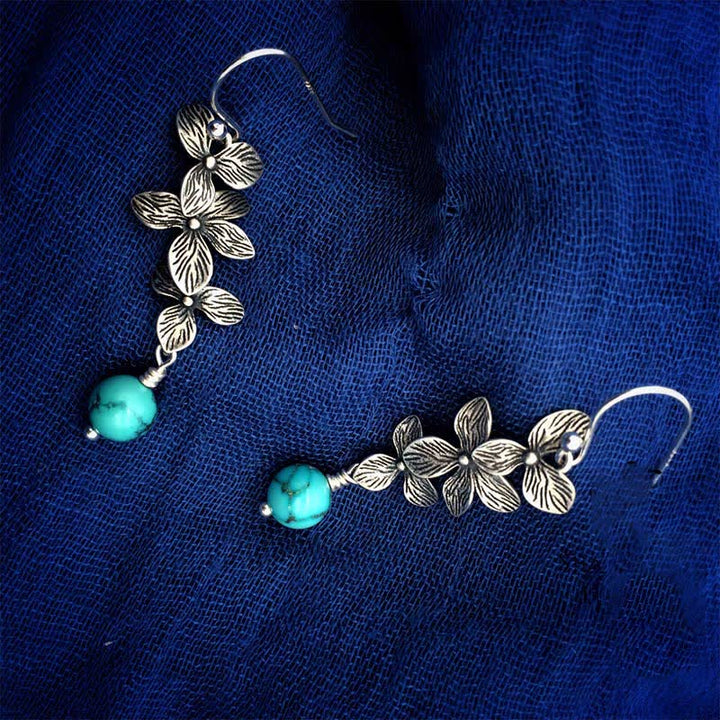 Pendientes colgantes de plata de ley 925 con forma de flor de lazurita turquesa y hoja de serenidad