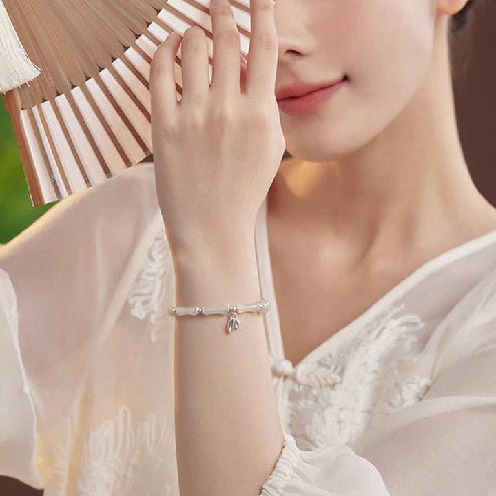 Pulsera de la suerte con dije de bambú de Jade Tianshan Natural de Plata de Ley 925 con Buddha Stones