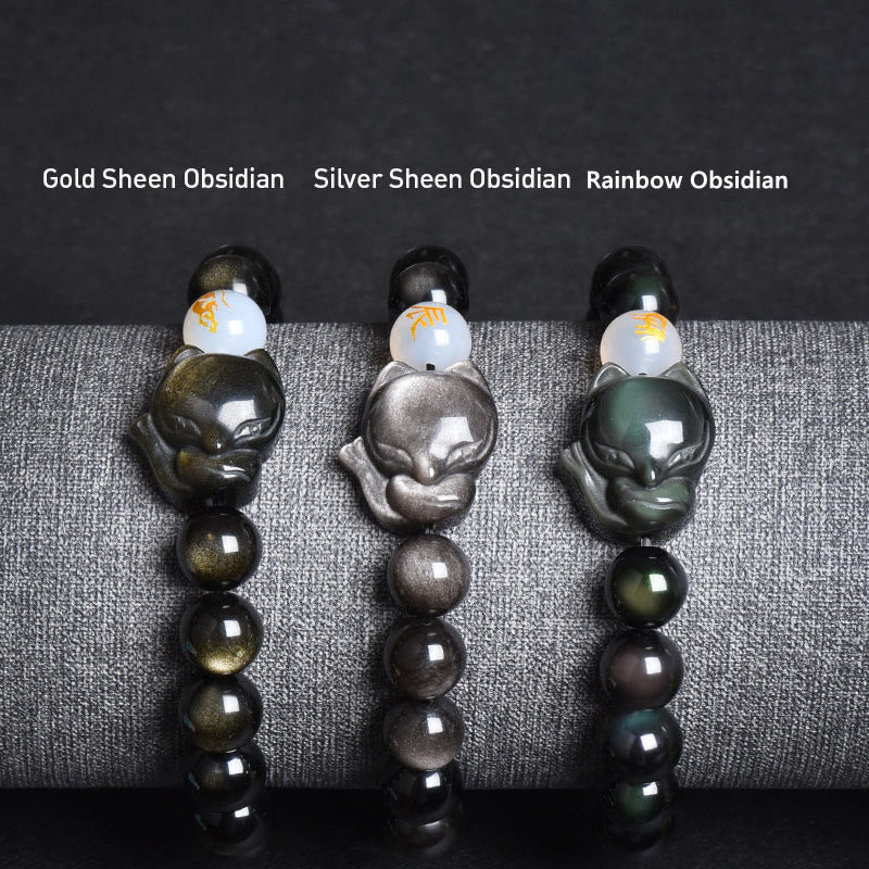 Buddha Stones Natural Arco Iris Obsidiana Oro Brillo Obsidiana Plata Brillo Obsidiana Zorro Curación Pulsera
