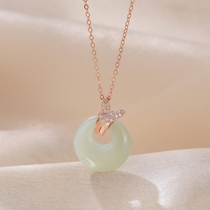 Collar con colgante de plata de ley 925 con Buddha Stones , Jade Natural Hetian, circonita, mariposa, suerte