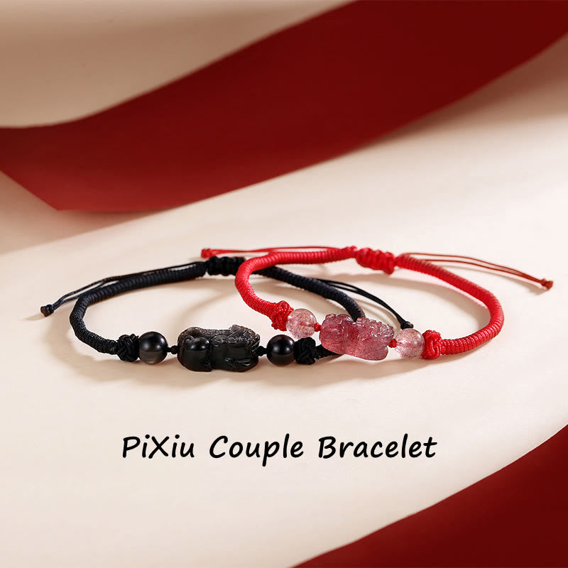 Pulsera trenzada de protección PiXiu de cuarzo fresa obsidiana con brillo de plata Natural hecha a mano con Buddha Stones - image 0