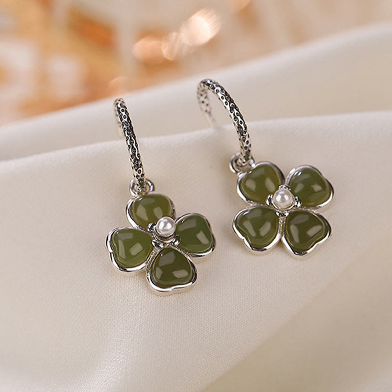 Pendientes de plata de ley 925 con Buddha Stones , jade cian natural, trébol de cuatro hojas, suerte y éxito
