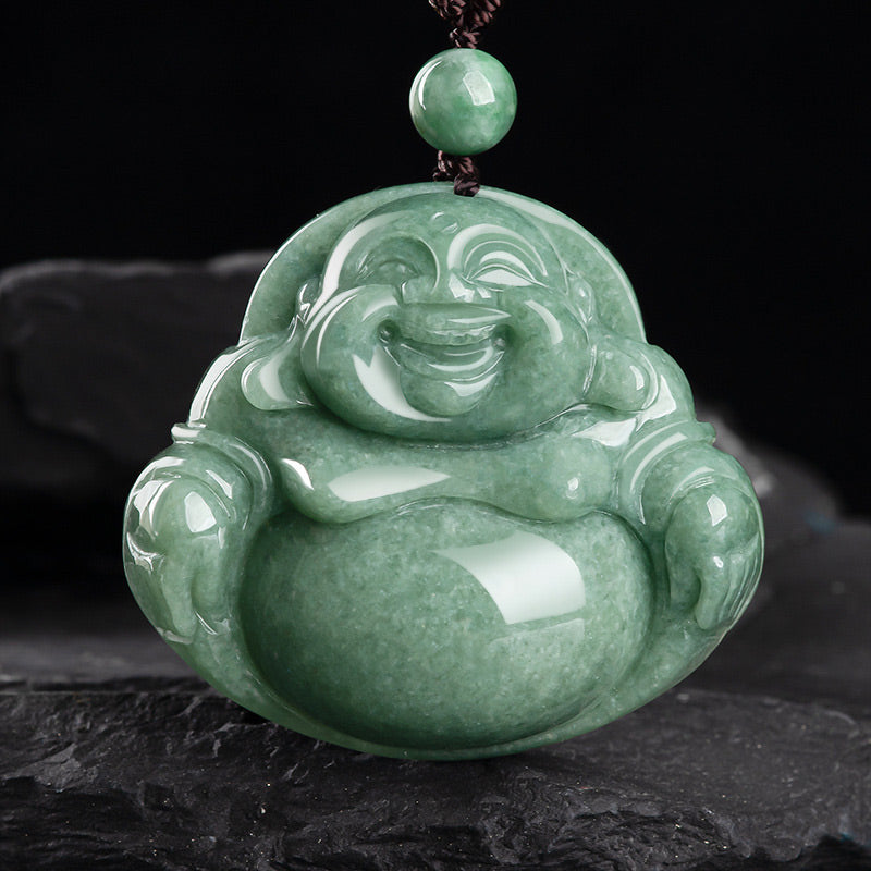 Colgante de cuentas de cadena con collar de armonía de jade cian de Buda sonriente - Jade cian - image 1