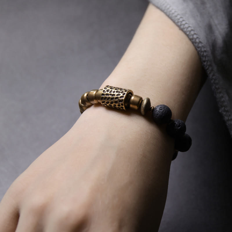 Buddha Stones, piedra de roca de Lava, obsidiana arcoíris, soporte de cobre, pulsera curativa