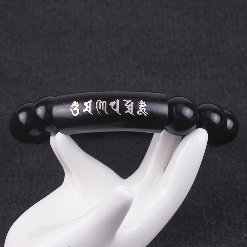 Pulsera de equilibrio con incrustaciones de Om Mani Padme Hum de madera de ébano de plata de ley 999 con Buddha Stones