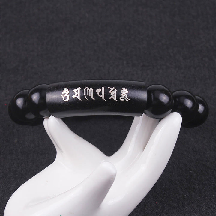 Pulsera de equilibrio con incrustaciones de Om Mani Padme Hum de madera de ébano de plata de ley 999 con Buddha Stones