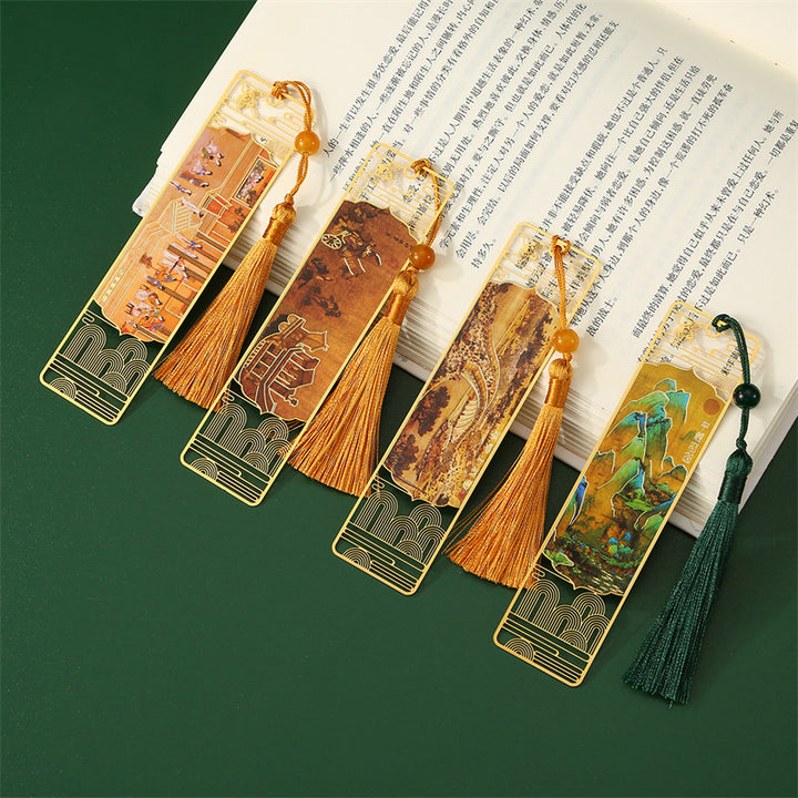 Buddha Stones Un panorama de ríos y montañas Borla de marcadores huecos de metal con caja de regalo