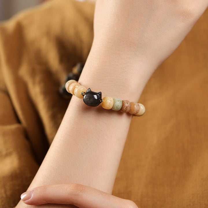 Pulsera de armonía grabada con Buddha Stones de Bodhi, brillo plateado, obsidiana, cabeza de gato, Om Mani Padme Hum - image 3