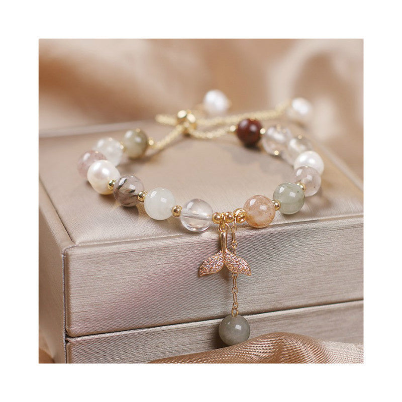 Pulsera curativa con dije de cola de pez de cuarzo rutilado de cuarzo fresa con Buddha Stones
