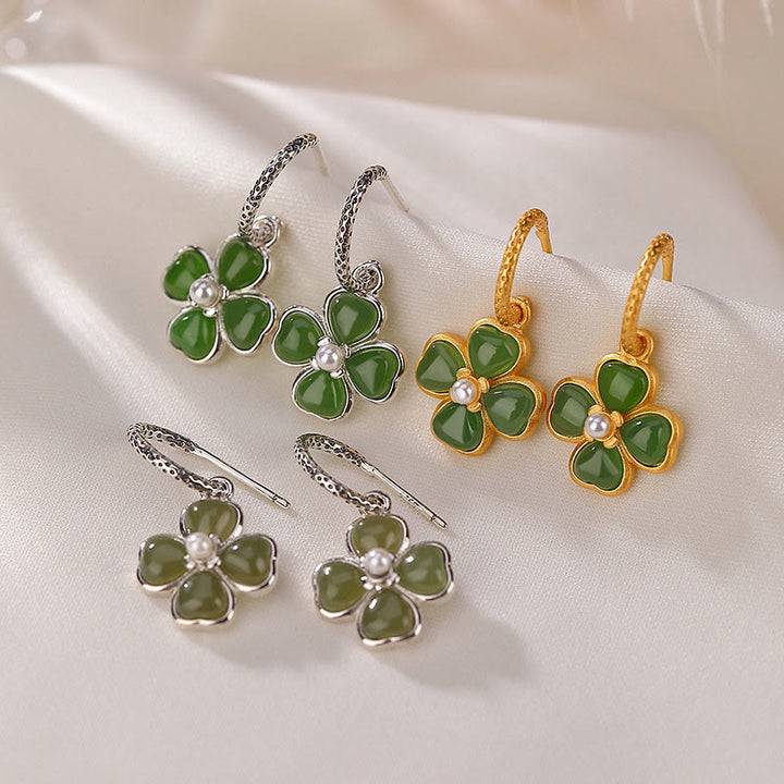 Pendientes de plata de ley 925 con Buddha Stones , jade cian natural, trébol de cuatro hojas, suerte y éxito