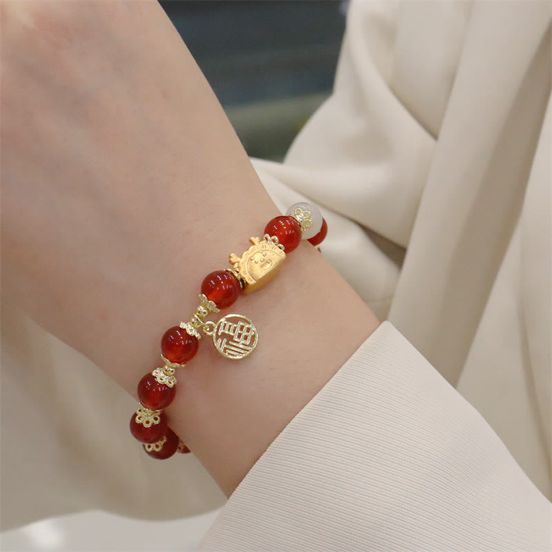 Buddha Stones Año del Dragón Ágata roja Cuarzo fresa Obsidiana negra Jade Granate Perla Cinabrio Bola de masa Dragón Suerte Fu Pulsera con personajes