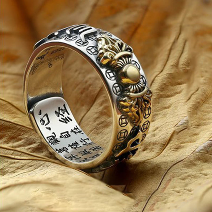 Buddha Stones tibetanas de plata de ley 990 Om Mani Padme Hum PiXiu Dorje Vajra corazón Sutra grabado anillo de riqueza