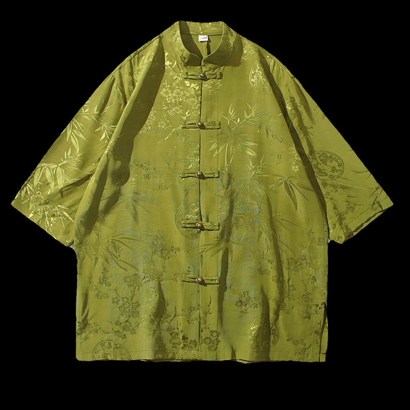 Camiseta de hombre con botones de rana, camisa china de media manga con Buddha Stones , flor de melocotón, hojas de bambú