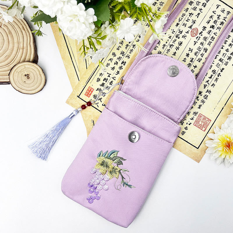 Bolso bandolera con flores bordadas pequeñas y Buddha Stones, bolso de hombro, bolso para móvil de doble capa