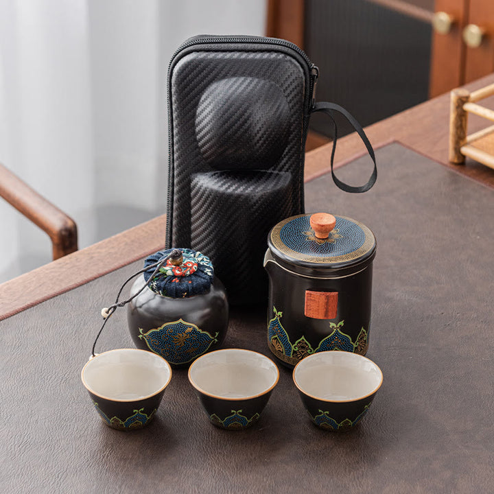 Tetera de cerámica de Gongfu chino con flores de Buddha Stones , bolsa portátil para juego de té de viaje al aire libre - Negro - 1 tetera + 3 tazas + 1 bolsita + 1 lata de té - image 21