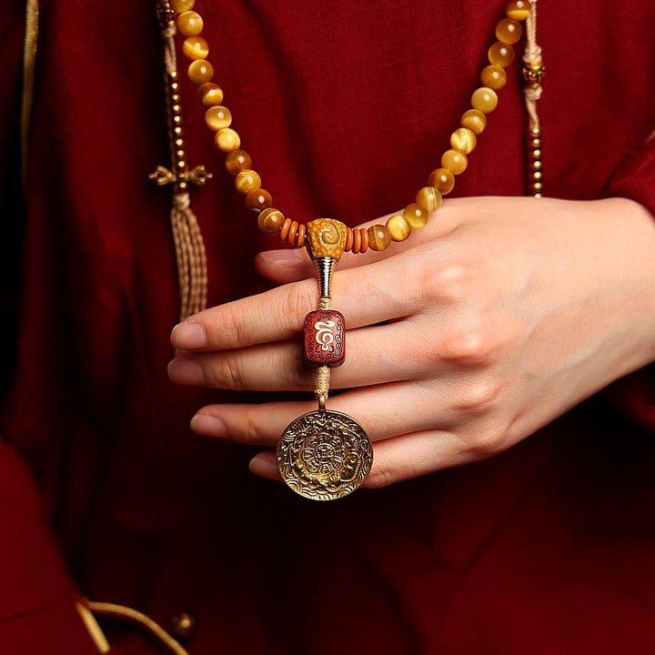 Pulsera con borlas de protección Dorje de cobre y ojo de tigre Natural, 108 cuentas de Mala , Buddha Stones