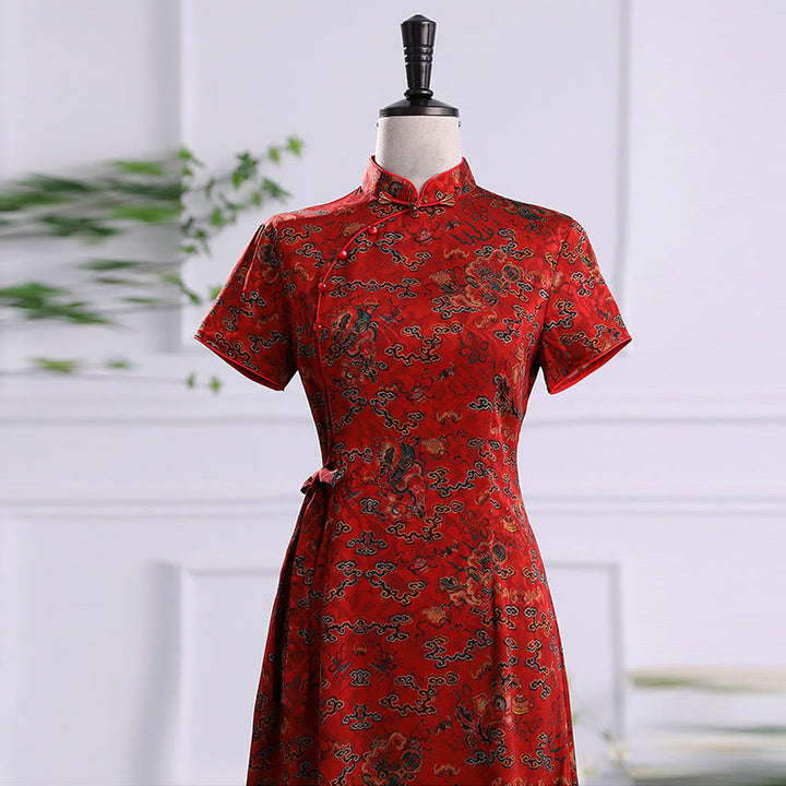 Vestido Cheongsam con estampado de hojas y nubes propicias vintage de Buddha Stones vestido Qipao para mujer