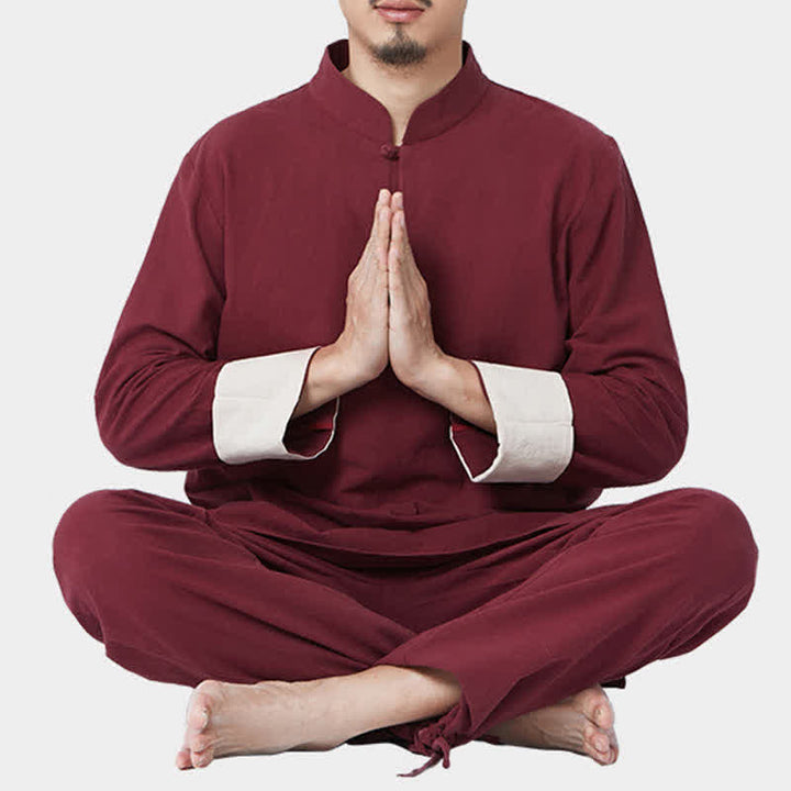 Conjunto de ropa de lino y algodón para hombre, meditación Zen espiritual, Buddha Stones, Yoga, práctica de oración - Vino tinto - US/UK/AU44，EU54 (3XL) - image 0