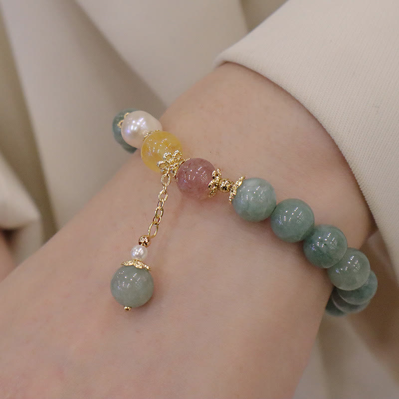 Buddha Stones Jade Perla Fresa Cuarzo Abundancia Suerte Pulsera con dijes de cuentas