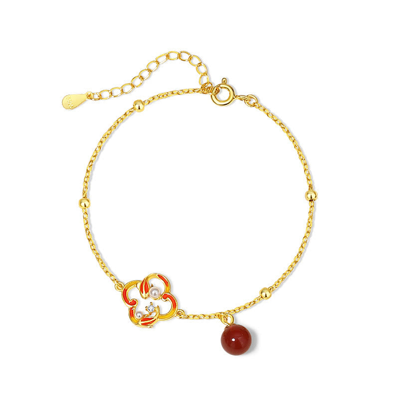 Juego de pendientes y collar con colgante de trébol de cuatro hojas, Plata de Ley 925, Buddha Stones , ágata roja, perla, riqueza