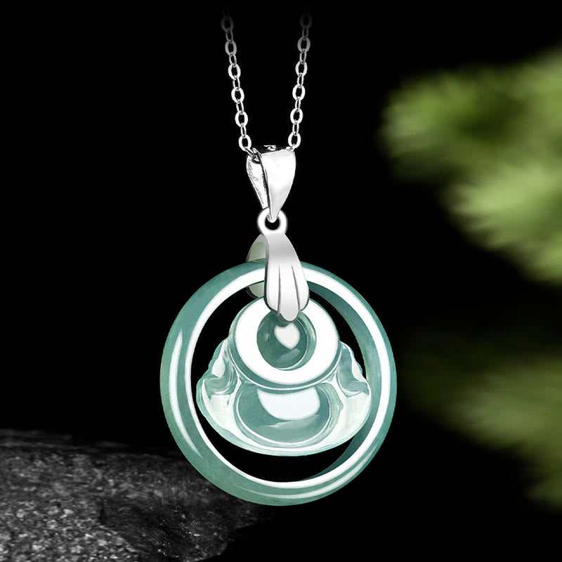 Buddha Stones de plata de ley 925, colgante de collar de cadena de abundancia de Buda sonriente redondo de Jade Natural