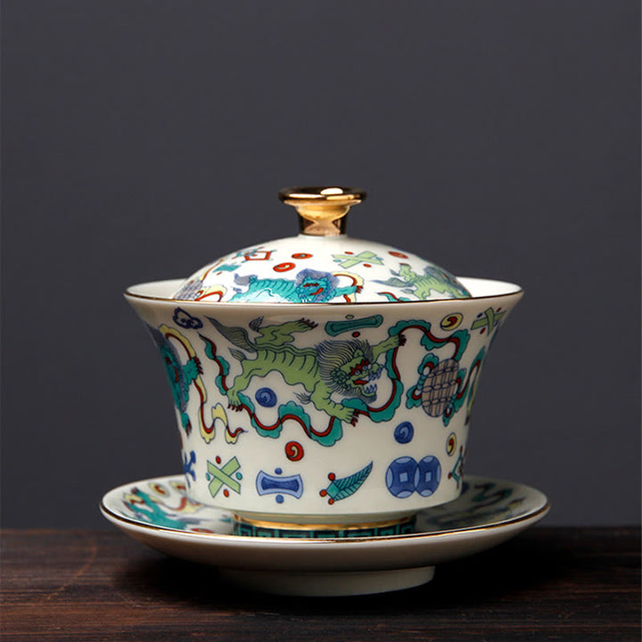 Buddha Stones Retro, flor de ciruelo, pino, bambú, Phoenix, Kirin, cerámica, Gaiwan Sancai, taza de té de Kung Fu y platillo con tapa